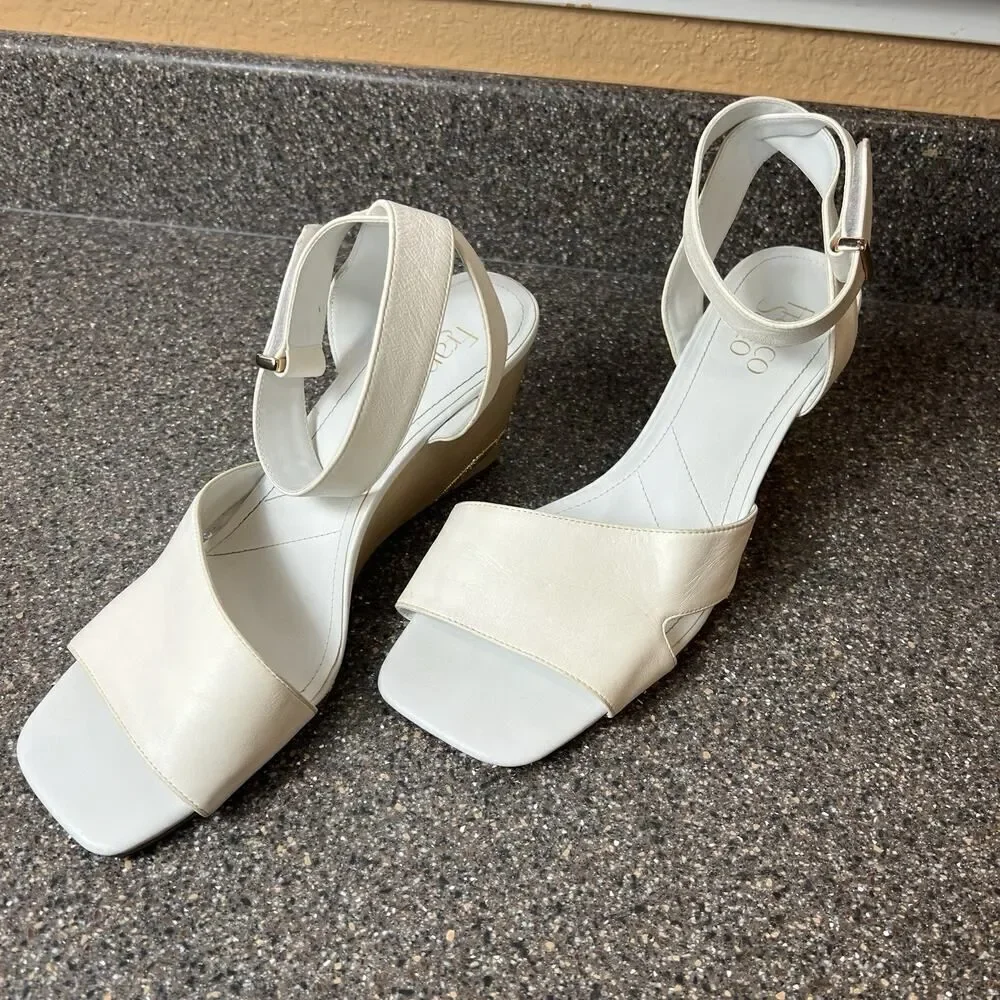 Franco Sarto White Leather Wedge Sandals Women's Size 10 M Open Toe Ankle Straps